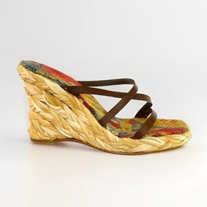 ROBERT CLERGERIE BROWN LEATHER STRAPS OPEN TOE BRAIDED ESPADRILLE WEDGES